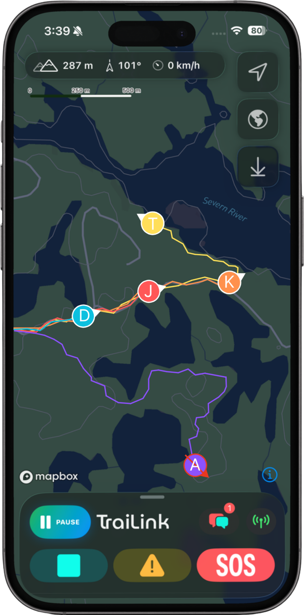 The TraiLink app showing five riders and their breadcrumb trails on a live topographic map